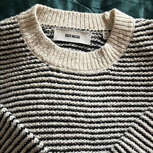 Buck Mason Cream and Black Striped Crewneck Sweater